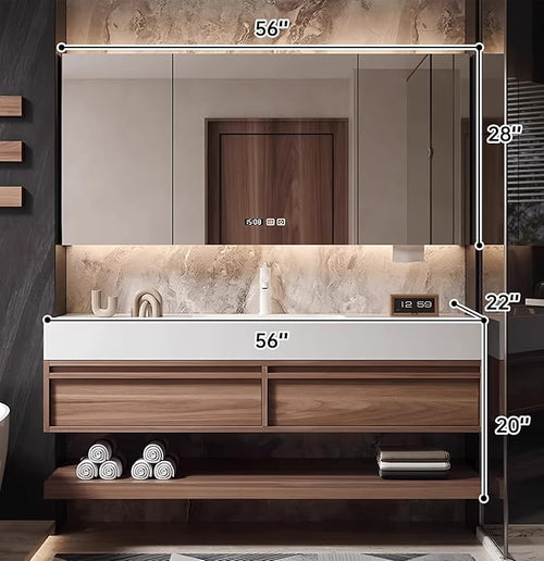 56" Bathroom Vanity, Floating Bathroom Vanity with Sink, Solid Wood Vanities with Smart Defogging Mirror Cabinet, Slate Countertop and Faucet, Wall Mount Bath Furniture Cabinet with Drawers (Walnut)