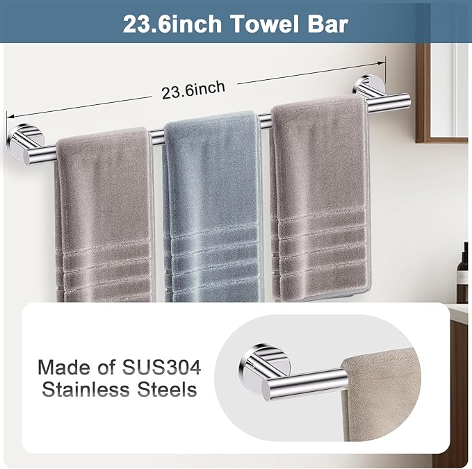 Polished Chrome Bathroom Hardware Set, 5 Pieces Chrome Towel Bar Bathroom Accessories, Upgraded Toilet Paper Holder with Shelf Set, 23.6 Inch Towel Rack Towel Holder for Bathroom Wall
