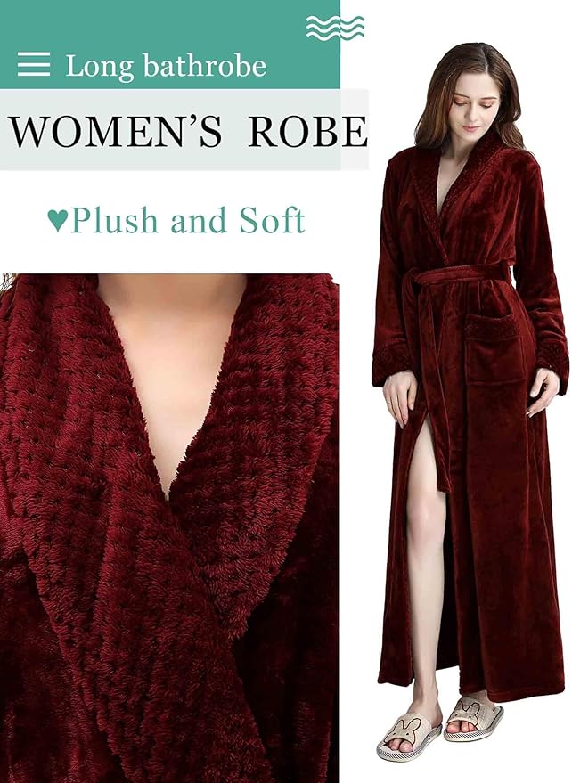 Artfasion Womens Long Fleece Robe - Warm Soft Floor Length Flannel Bathrobes for Winter Thicker Long House Coat with Pockets