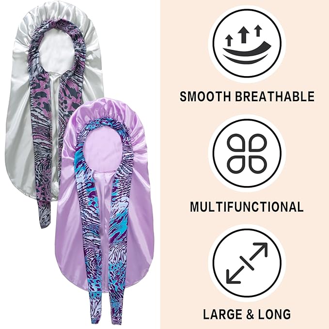 2Pcs Bonnets for Black Women Braid Bonnet, Large Long Satin Silk Bonnet for Braids,Black Women Braid Bonnet with Stretchy Tie Band for Sleeping Extra Long (Green & Light Purple Pattern)