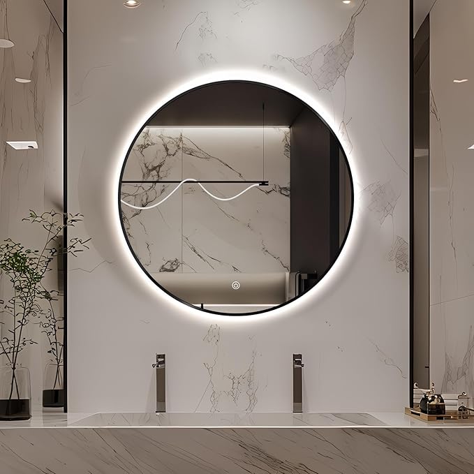 Niccy 32" LED Backlit Round Mirror for Bathroom, Black Framed Vanity Light Wall Mirror LED Smart Circle Mirrors with 3 Lighting Colors, Dimmable Lighted Mirror with Anti-Fog, IP65 Waterproof