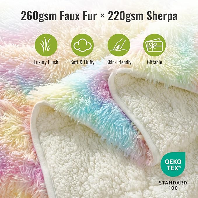 Uttermara Weighted Blanket Queen Size 20 lbs for Adults 60x80 inches, Long Shaggy Faux Fur and Cozy Warm Sherpa Reverse Weighted Blankets for Winter, Thick Heavy Blanket for Sofa Bed, Rainbow