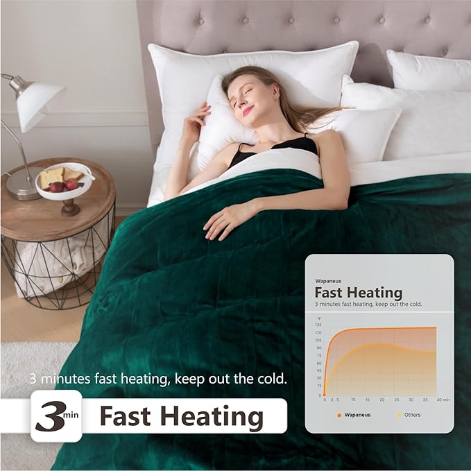 Wapaneus Heated Blanket Electric Throw 72" x 84" Full Size with 10 Heating Levels 12 Hours Time Setings and Auto-Shut Off, Flannel Fast-Heating Electric Blanket,Machine Washable,Vintage Green