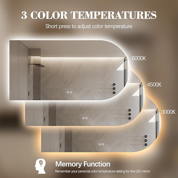 Arched LED Bathroom Mirror, 40"x24" Arch Framless Backlit Mirror with Lights Vanity Mirror for Makeup, Anti-Fog, Dimmable, 3-Color, Memory Function, IP65 Waterproof, UL Listed, Horizontal-Left