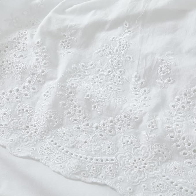 Brandream White Eyelet Bed Skirt King Size 100% Cotton Ruffled Dust Ruffle Bed Skirt 18 Inch Drop with Embroidered Floral Design Queen Size Beds