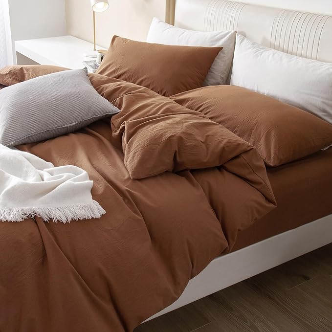 JIYUAN 100% Washed Cotton Duvet Cover Set 3 Pieces Super Queen, 1 Duvet Cover 90x98 Inches(Comforter Not Included) and 2 Pillowcases,Linen Feel Bedding Set Comfy and Breathable,Burnt Orange