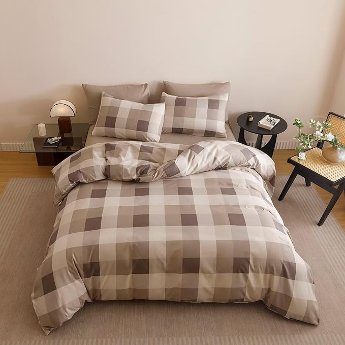Cottonight Checkered Khaki Comforter Set King Men Gingham Grid Bedding Set Khaki and Cream Coffee Grid Comforter Fluffy Soft Blanket Quilts Modern Cottagecore Comforter for King Bed