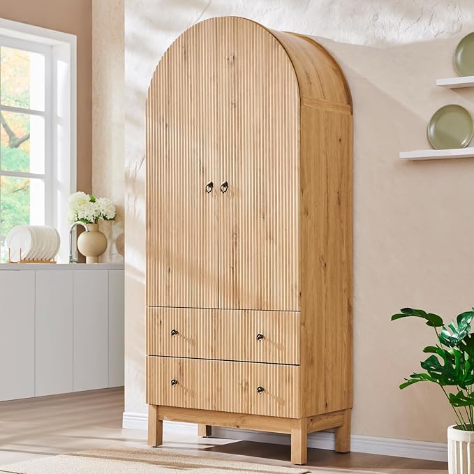 71" Tall Arched Bathroom Storage Cabinet, Modern Fluted Cabinet Storage with 4 Shlves and 2 Drawers, Floor Cabinet for Bathroom, Living Room, Kitchen, Natural