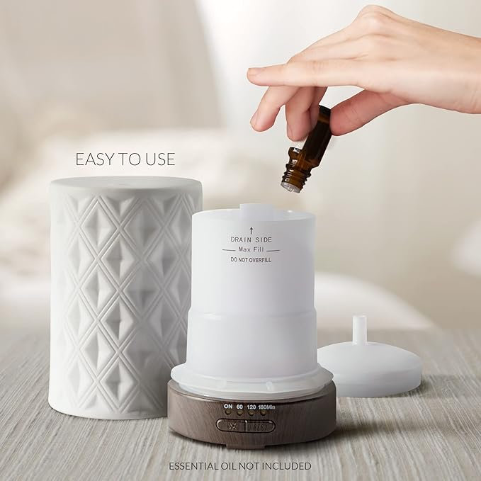 Earnest Living Essential Oil Diffuser for Home White Ceramic 100ml Aromatherapy Diffuser with 4 Timers 7 Night Lights and Auto Off Function (no Beep!) for Essential Oils