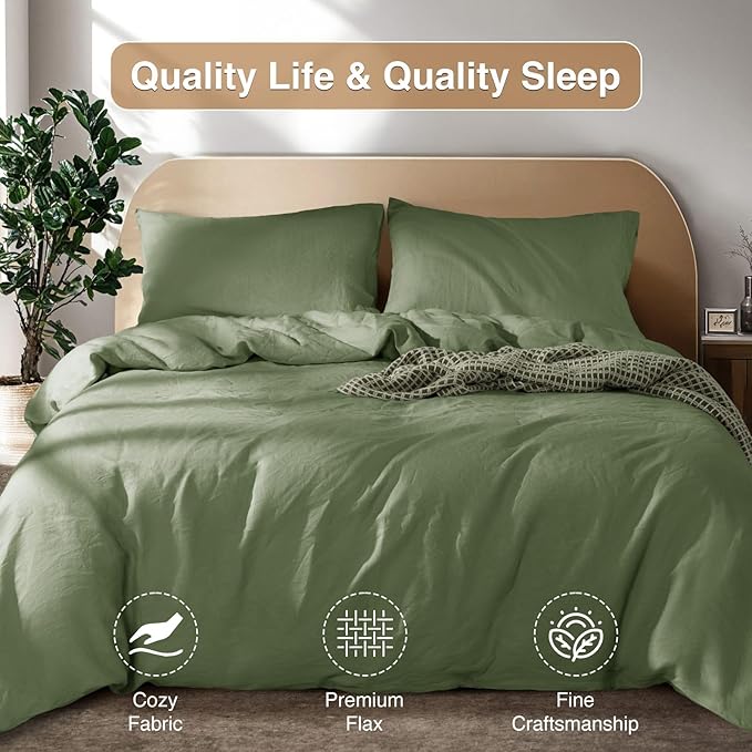 SONORO KATE 100% French Linen Duvet Cover King Size, Soft Breathable for Hot Sleepers, Moisture Wicking & Durable Cover Set - Zipper Closure & 4 Corner Ties Duvet Covers 3 Piece (Olive Green,King)