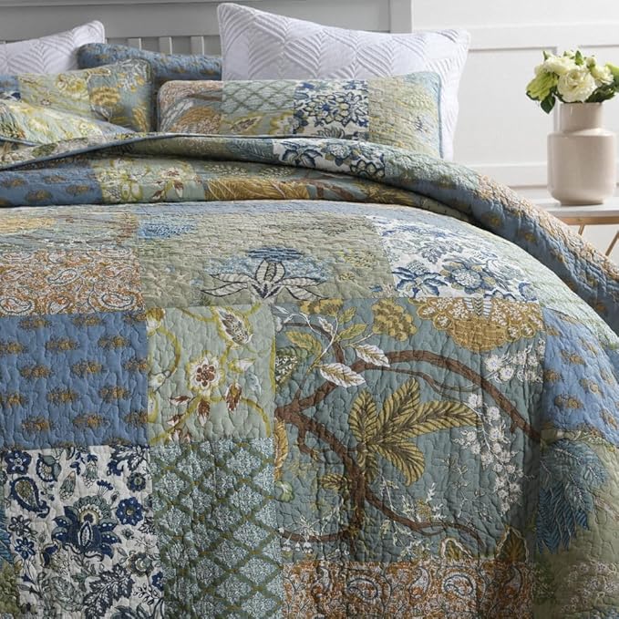 Cotton Bedspread Quilt Bedding Sets 3 Pieces Reversible Coverlet Sets Comforters Rustic Paisley Floral Patchwork Sage Green Bedspread, King Size