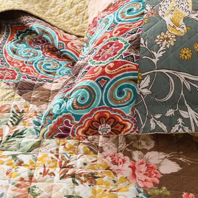 Autumn Dream Cotton Bedspread Quilt Sets Reversible Bedding Coverlet Sets, Luxury Vintage Floral Patchwork Yellow Bedspread,Queen Size