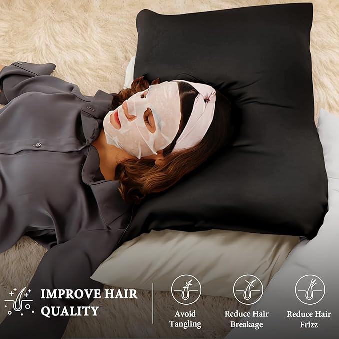 BHZ Satin Goose Down Feather Pillows King Size Set of 2 with Black Satin Pillowcase for Hair and Skin, Cooling Pillow Cases Similar to Silk Pillow Cases, Decorative for Women, Mom Men