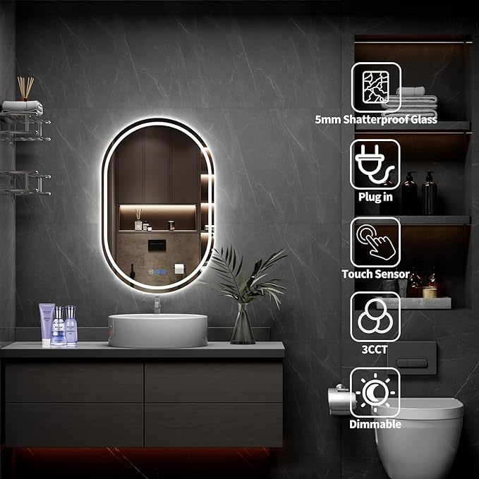 Bathroom Mirror 24"x36" LED Bathroom Mirror with Lights, Anti-Fog, Dimmable Oval Mirrors with Front Light and Backlit, Modern Farmhouse Wall Mounted Mirror for Decorative
