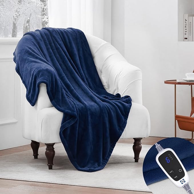 SEALY Electric Blanket Throw, Soft Flannel Heated Blanket with 6 Heat Settings & 2-10 Hours Auto Shut Off, Fast Heating & Machine Washable, 50x60 Inch, Navy