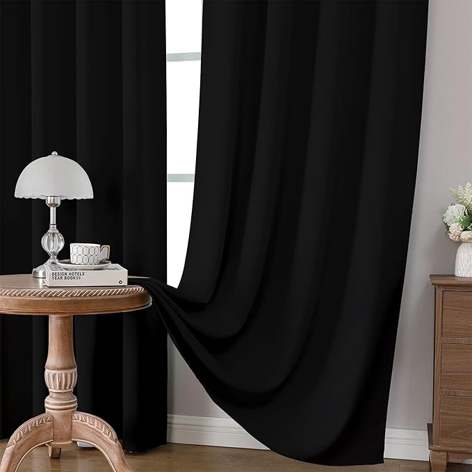 CUCRAF Black Blackout Curtains 63 inch Length 2 Panels Set, Rod Pocket Room Darkening Drapes for Bedroom Living Room, Insulated Thermal Light Blocking Window Curtain (W52 x L63 Inch)