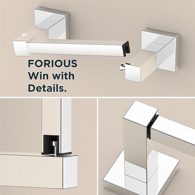 FORIOUS Toilet Paper Holder Set Wall Mount, SUS 304 Stainless Steel Pivoting Toilet Paper Holder and Towel Ring, Hand Towel Holder Set for Bathroom, Square Bathroom Hardware Set, Chrome