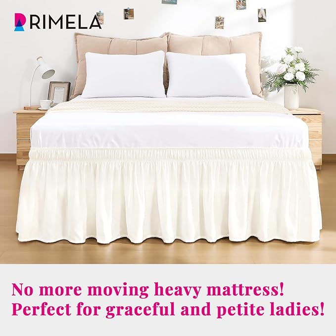 RIMELA Cream White Bed Skirt Queen Size 15 Inch Drop, Wrap Around Elastic Bedskirt, Dust Ruffle for Adjustable Bed Base Machine Washable Easy to Install Bed Skirts