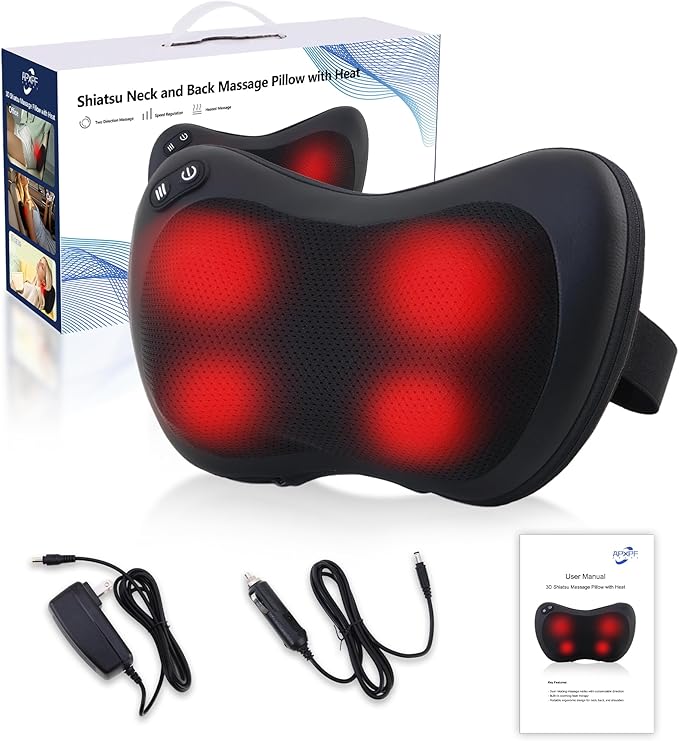 Shiatsu Neck and Back Massager with Heat - Deep Tissue Massage Pillow for Neck, Back & Shoulders Pain Relief, Portable Ergonomic Design Electric Massager for Home, Car, Office Use, Black