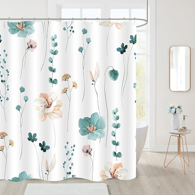 Gibelle Extra Long Shower Curtain 72 x 84, Watercolor Floral Fabric Shower Curtain, Teal Beige Flower Decorative Bathroom Shower Curtain Set with Hooks