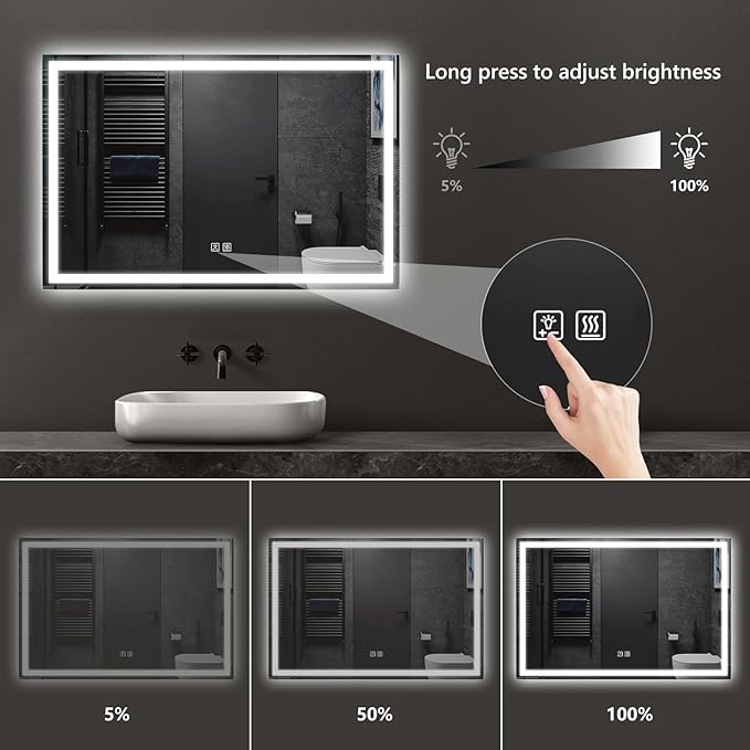 APRILSOUL 36x28 Inch LED Bathroom Mirror with Front and Backlit, Makeup Mirror with 3 Color Lights, Anti-Fog and Dimmable Light (Horizontal/Vertical)