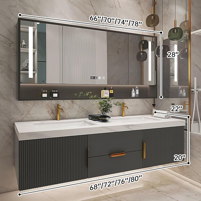 Bathroom Vanity with Double Sink, Modern Bathroom Vanities Compo Includes LED Smart Defogging Mirror Cabinet and Open Shelf, Solid Wood Bathroom Sink Vanity with Slate Countertop (Dark Grey,72")