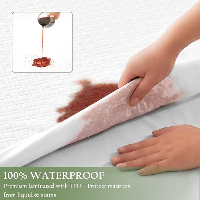 100% Waterproof Queen Mattress Protector, Breathable Bamboo Rayon Mattress Cover with 8”-21” Deep Pocket, Noiseless Cool 3D Air Mattress Cover, Hypoallergenic & Odor Resistant