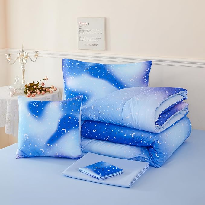 URBONUR 6Pcs Gradient Glitter Comforter Set for Girls Full Size Blue Galaxy Kids Bedding Set for Boys Comforter Sets Soft Bed in A Bag Full (Ombre Blue)