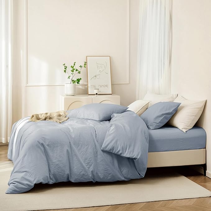 JIYUAN 100% Washed Cotton Duvet Cover Set 3 Pieces Full, 1 Duvet Cover 80x90 Inches(Comforter Not Included) and 2 Pillowcases,Linen Feel Bedding Set Comfy and Breathable, Heathered Light Blue