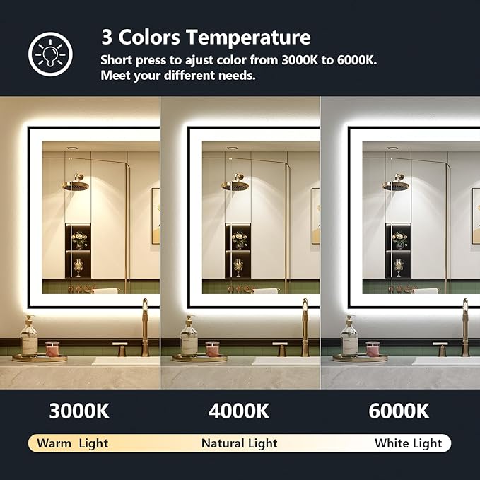 24x30 Inch LED Bathroom Mirror with Lights (Front Lit and Backlit) Black Framed Lighted Vanity Mirror for Bathroom Wall Dimmable Anti-Fog Memory Tempered Glass Horizontal/Vertical