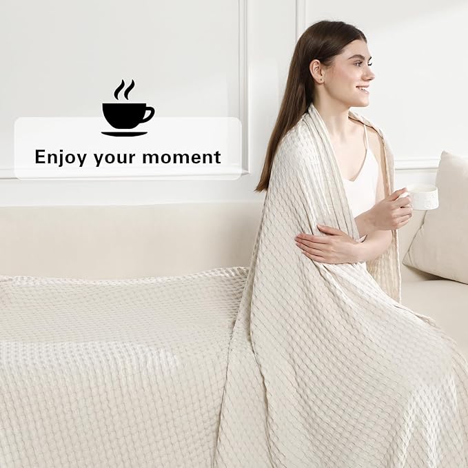 Aganear Waffle Blanket - Lightweight Breathable Summer Blanket of 50% Cotton and 50% Rayon Derived from Bamboo for Hot Sleepers Luxury Throws for Bed, Couch and Sofa,Beige,50x70 Inches