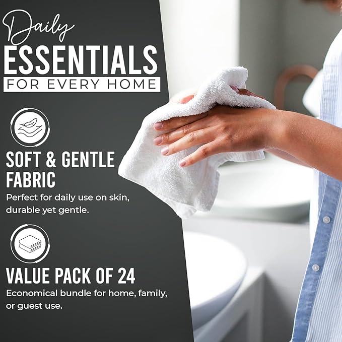 DAN RIVER 100% Cotton Wash Cloths 24 Pack [12x12] Soft & Absorbent face wash Cloth, Gym, Hotels & Spa Perfect for Everyday Use Fingertip Towels, Gray