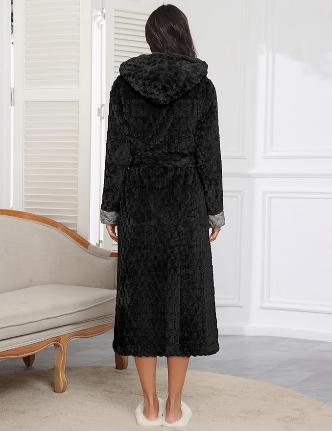 Ekouaer Womens Plush Robes Long Soft Jacquard Fluffy Bathrobe Hooded Robe Sleepwear with Pockets