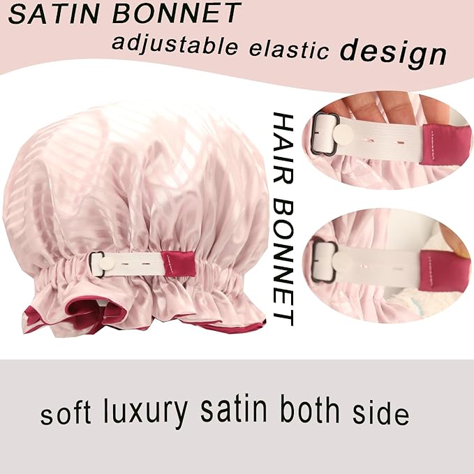 Satin bonnet 2Pcs silk hair bonnet cap for women reversible for sleeping Adjustable Night sleep cap for curly natural hair double-layer Washable Can Be Used Shower (Pink &Purple stripe)