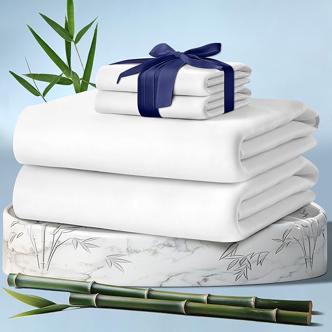 DECOLURE 100% Viscose Derived from Bamboo Sheets Full Size 4pcs - Ultra Soft & Luxuriously Cooling, 17" Deep Pocket, Double Stitching, Perfect for Hot Sleepers - Full Bed Sheets (White)
