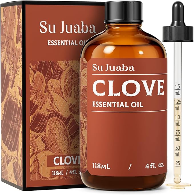 SU JUABA Clove Essential Oil 4 Oz, 100% Pure & Natural Aromatherapy Oil for Oral Care, Teeth & Gums, Diffuser, Skin, Hair - 118ML