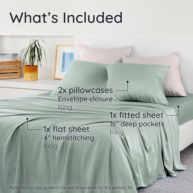 Bambaw King Sheets Set 4pcs – 100% Viscose Derived from Bamboo Sheets King Size Deep Pocket, Fits Up to 16'', Luxury Bedding, Super Soft & Cooling Sheet Set (Sea Glass)