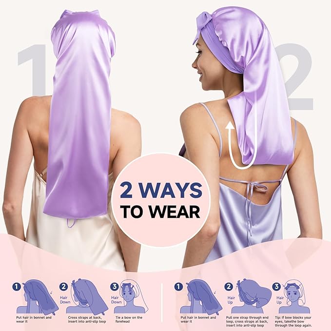 Umisleep 22 Momme Mulberry Silk Bonnet for Sleeping Women, Untangled Hair Care Bonnet, Extra Long for Curls & Braids - Lays Flat for Styling, Double Layer Hair Wrap with Soft Adjustable Tie, Lavender