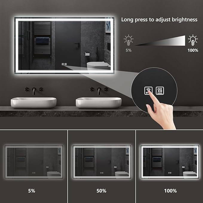 APRILSOUL 60x28 Inch LED Bathroom Mirror with Front and Backlit, Makeup Mirror with 3 Color Lights, Memory Function, Anti-Fog and Dimmable Light (Horizontal)