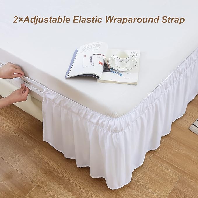 MEILA Wrap Around Bed Skirt Three Fabric Sides Elastic Dust Ruffled 24 Inch Tailored Drop,Easy to Install Fade Resistant-White, Twin/Full
