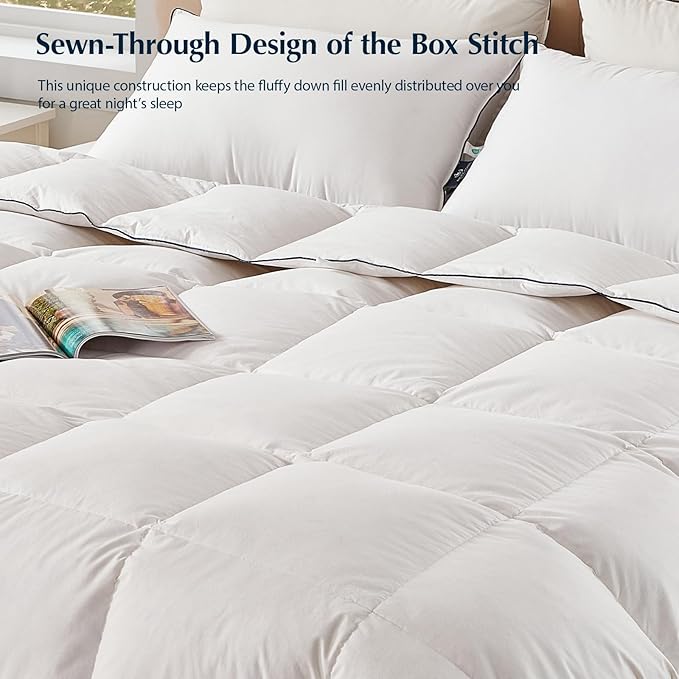 Pacific Coast Goose Feather Down Comforters Queen Size, 100% Cotton Extra Fluffy White Duvet Insert, Soft, Breathable, All Season Hotel Luxury Bedding Comforters, 8 Corner & Center Loops (90"x90")