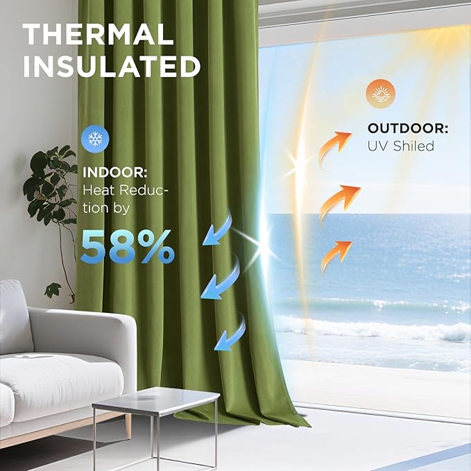 Joydeco Moss Green 100% Blackout Curtains 120 Inch 2 Panels, Luxury Thermal Green Velvet Curtains for Bedroom Living Room, Soundproof Blackout Window Drapes, Grommet Top (52W x 120L)
