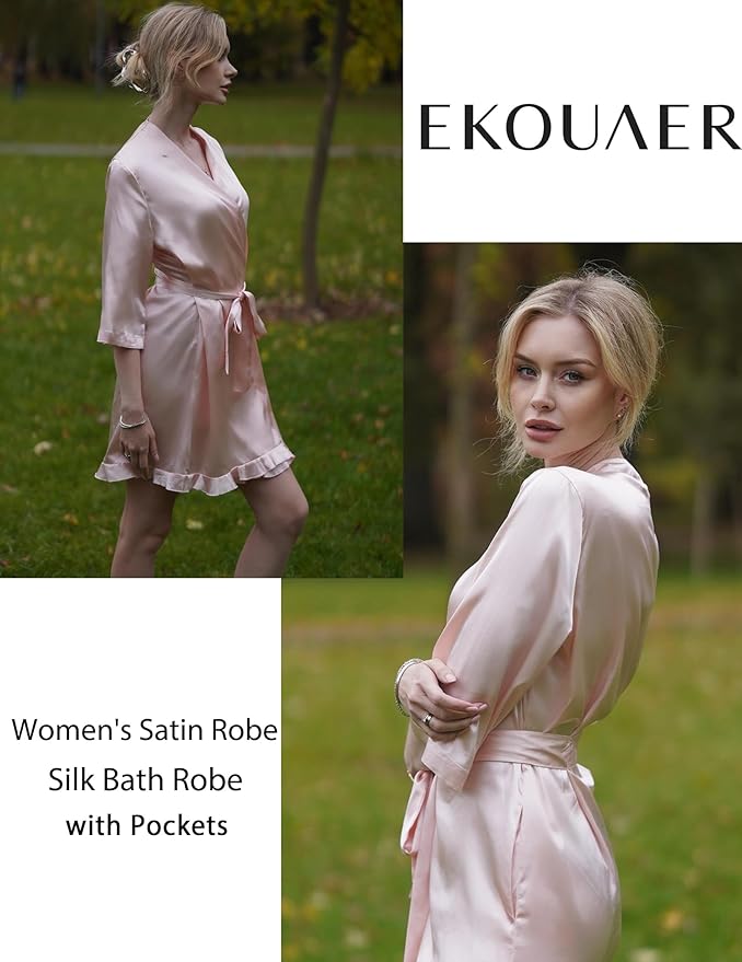 Ekouaer Women's Satin Robes Silk Kimono Bath Robe Short Ruffled Hem Bride Bridesmaid Sleepwear with Pockets