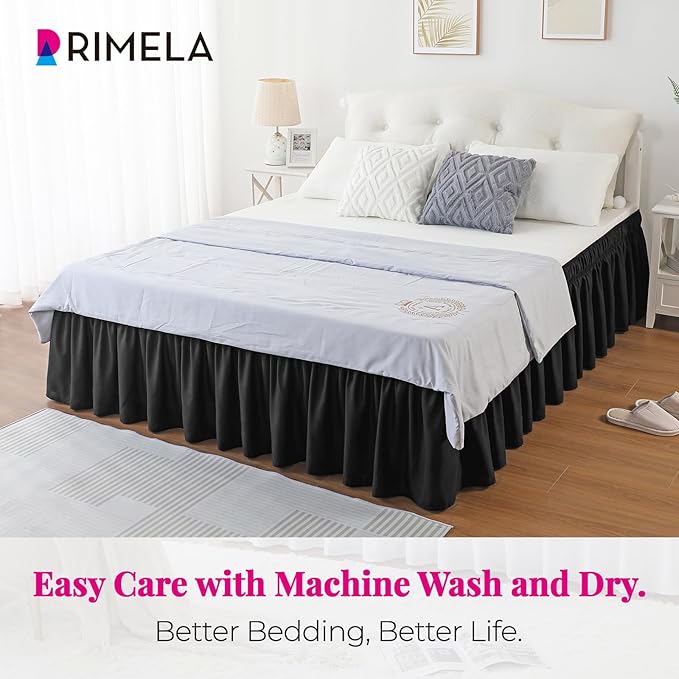 RIMELA Black Bed Skirt King Size 14 Inch Drop, Elastic Bed Skirting for Bed Base and Frame, Bedding Dust Ruffle Easy to Install, Lightweight Comforter Set with Wrap Around Adjustable Bedskirt