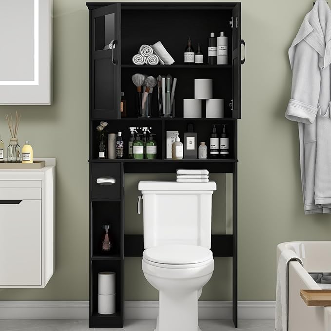 Vabches Over The Toilet Storage Cabinet, Storage Cabinet Over Toilet with Double Doors & Toilet Paper Holder Stand, Freestanding Toilet Shelf Space Saver with Anti-Tip Design & Adjustable Shelf, Black