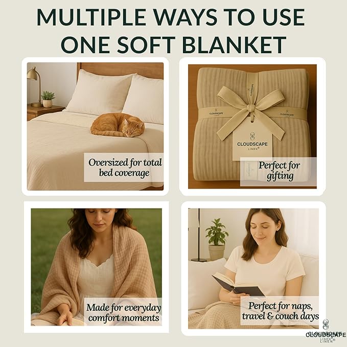 Cloud Scape Linen 8-Layer Muslin Blanket King Size for Adult - 100% Cotton, Breathable and Soft, Perfect Winter Cozy Blanket, Fits up to California King Bed, 92x108, Fog