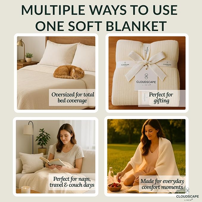 Cloud Scape Linen 8-Layer Muslin Blanket King Size for Adult - 100% Cotton, Breathable and Soft, Perfect Winter Cozy Blanket, Fits up to California King Bed, 92x108, Ivory