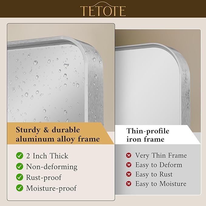 TETOTE 60 x 30 Inch Silver Vanity Mirror, Brushed Silver Rectangle Metal Framed Modern Mirrors for Bathroom, Farmhouse Round Corner Wall Mounted Mirror (Horizontal/Vertical)
