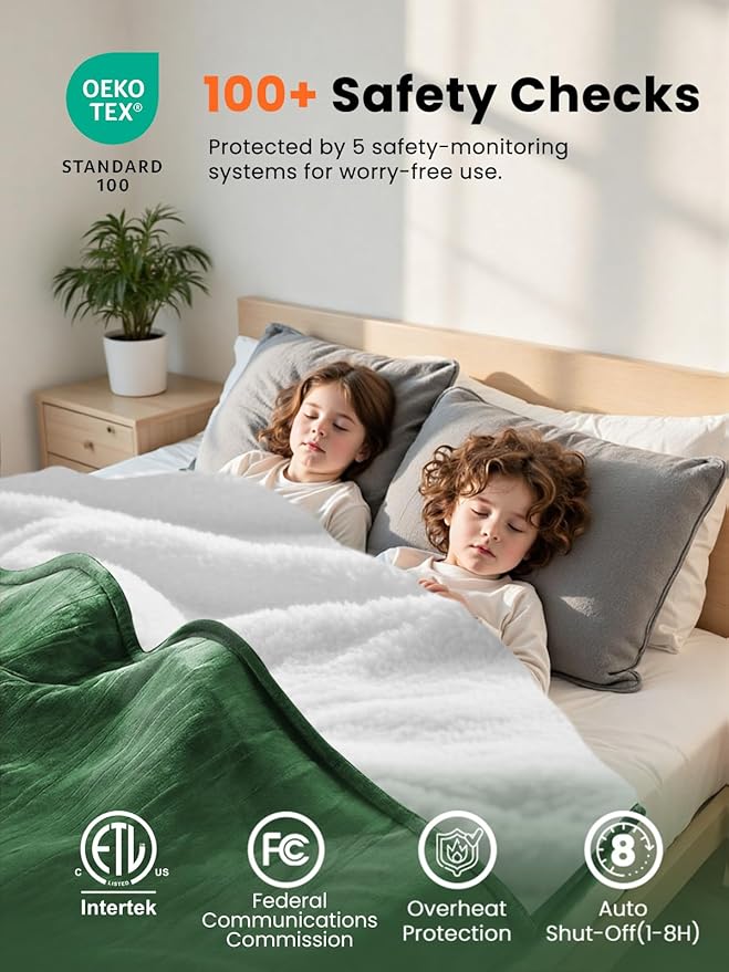 Electric Heated Blanket Twin, Ultra‑Cozy Premium Flannel & Sherpa, Even Heat Distribution & Stable Temp, 1–10H Auto‑Off, 8 Temps (86–125.6°F), Overheat Protection, Ideal Gifts for Grandma