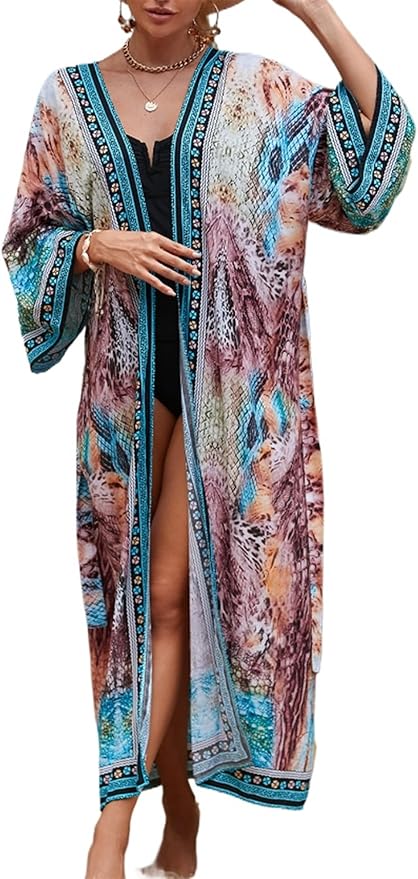 Women Casual Open Front Lightweight Cardigan Long Beach Kimono Cover Up